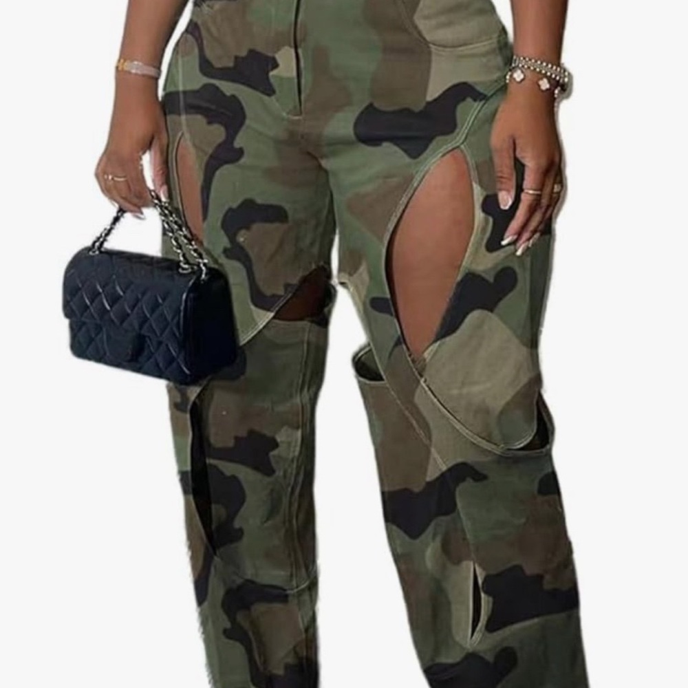 Women's High Waist Camouflage Printed Cut Off Holes Wide Leg Bodycon Sexy Nightc